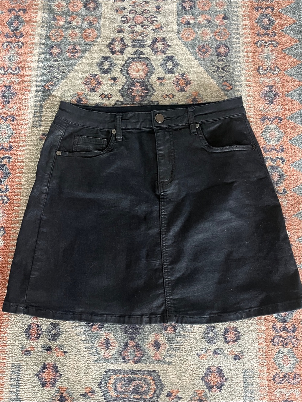 Blank NYC Black Coated Denim Mini Skirt